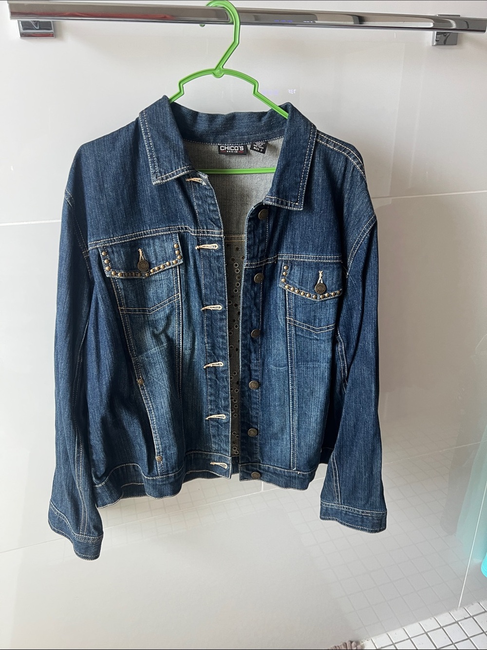 Chico’s size 2 embellished, jean jacket breast studs